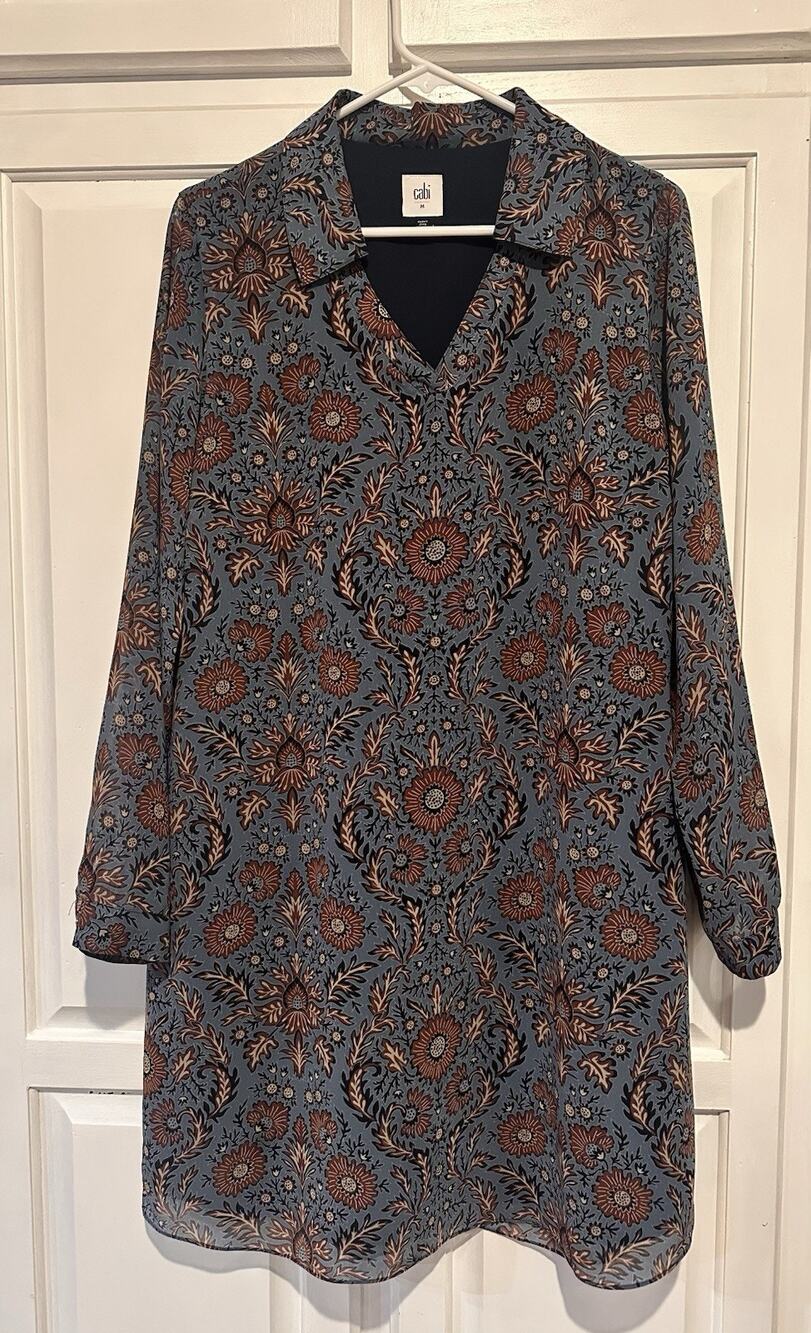 CAbi Provincial Shirt Shift Dress Size Medium Blue Floral Paisley Career Lined